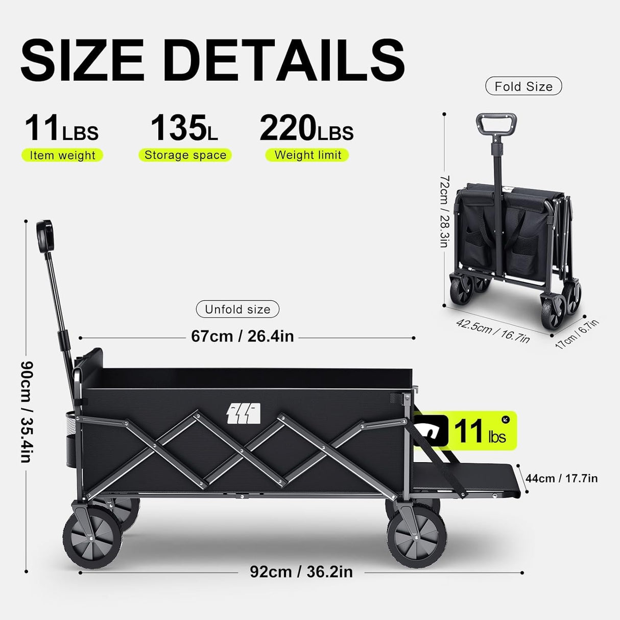 TANSTRIDER Collapsible Wagons Carts Foldable with Extended Tailgate, Folding Wagon Cart on Wheels, Portable Heavy Duty Shopping Carts for Groceries, Apartment, Garden, Camping, Sports,Outdoor (Black)