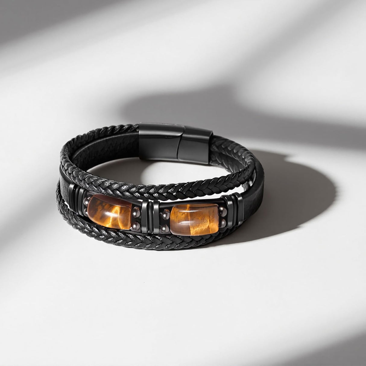 Enjoy Risingsun Tiger Eye Black Leather Bracelet Men Natural Tiger Eye Gemstone Crystal Stone Jewelry Handmade Courage And Stress Relief Protection Bracelet