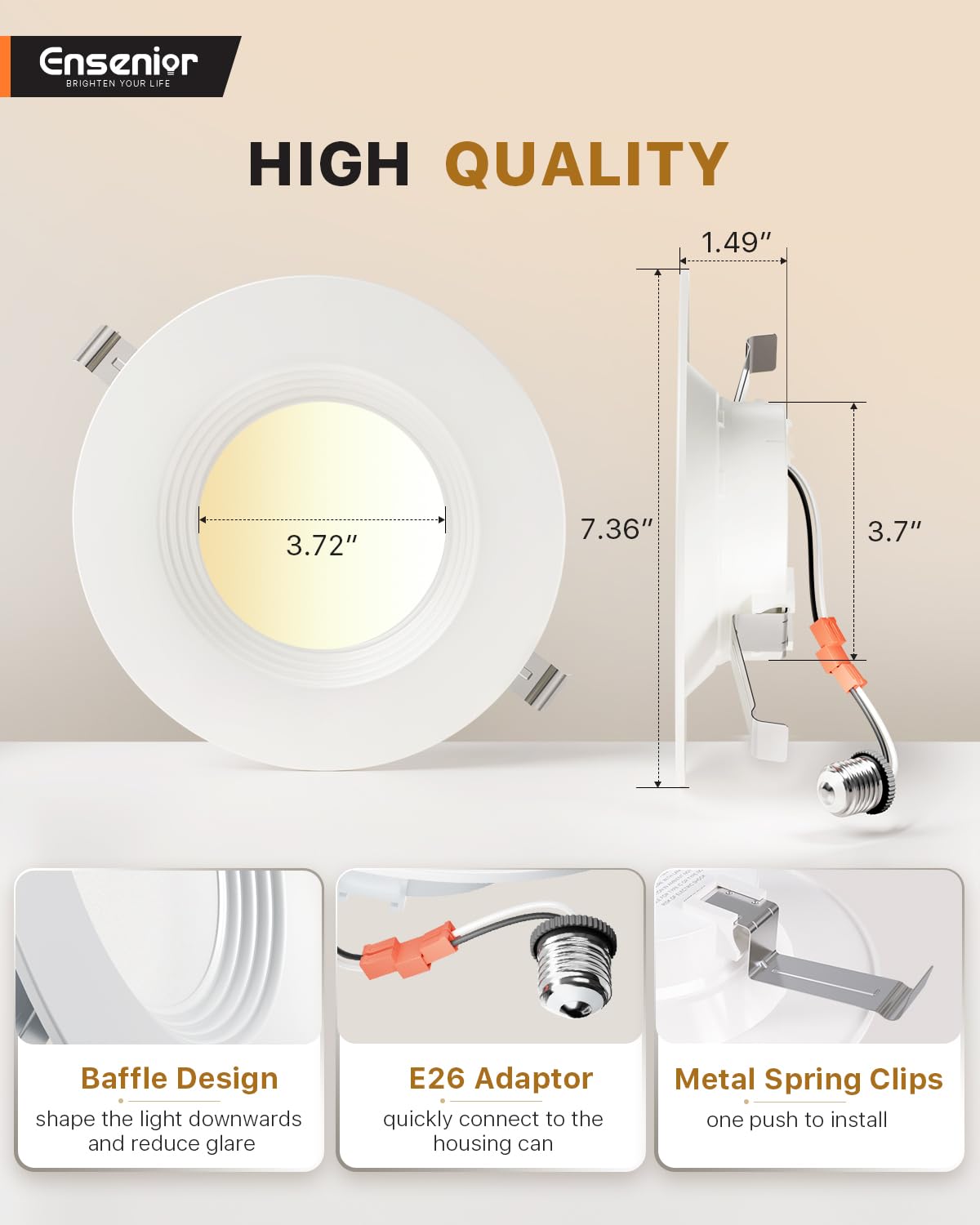Ensenior 5/6 Inch 5CCT LED Can Lights 6 Pack, Retrofit Led Recessed Lighting, Baffle Trim, Dimmable, 9W=110W, 1000LM, 2700K/3000K/3500K/4000K/5000K Selectable, IC Rated - ETL & FCC