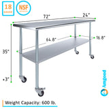AmGood 24 in. x 72 in. Stainless Steel Work Table with Wheels | Metal Kitchen Food Prep Table | NSF