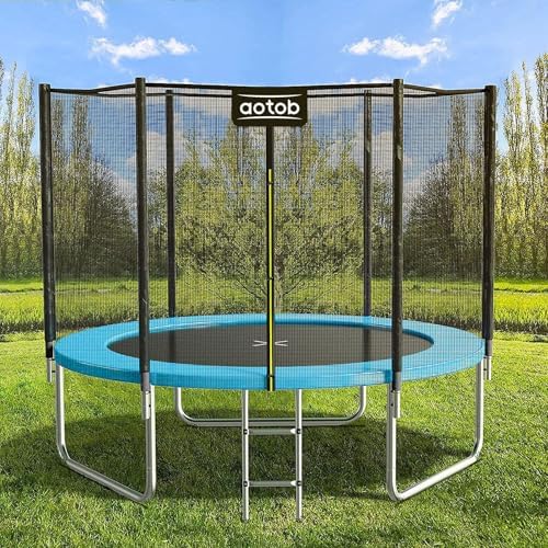 AOTOB 8FT 10FT 12FT 14 FT 15FT Trampoline with Safety Enclosure Net，Outdoor Trampoline with Basketball Hoop, Heavy Duty Jumping Mat and Spring Cover Padding for Kids and Adults, Storage Bag and Ladder
