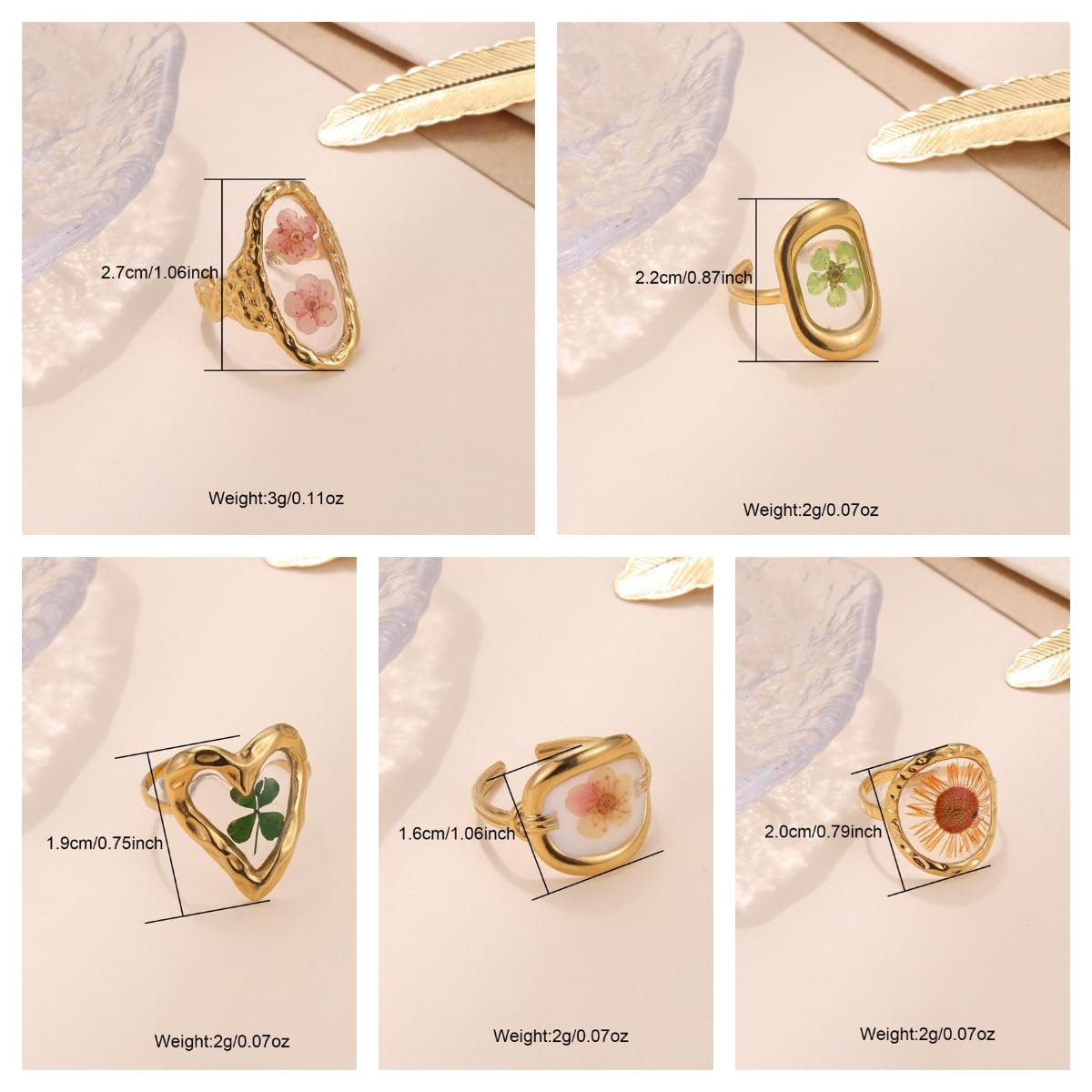 Vhitler 5pcs 18k Gold Plated Floral Adjustable Rings Chunky Gold Rings Vintage Jewelry Y2k Accessories Don't Tarnish Ring Set (Style2)