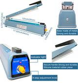 Impulse Heat Sealer 12 Inch 5mm Mylar Bag Sealer Heat Seal Machine, 110v Manual Heat Sealer for Plastic/Poly/Cookie Bags, 8 Replacement Parts & Teflon Cloth Strip(2 Round Cutter Lines Included)