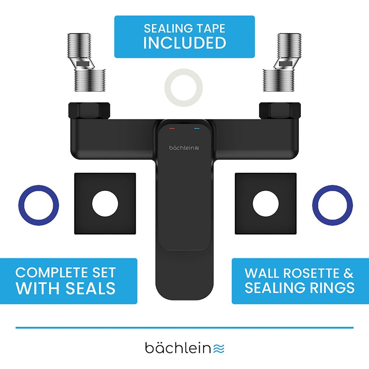 Bächlein Universal Bath Mixer in Angular Design - Complete Bath Faucet Set incl. All Accessories - Single Lever Bath Tap Matt Black