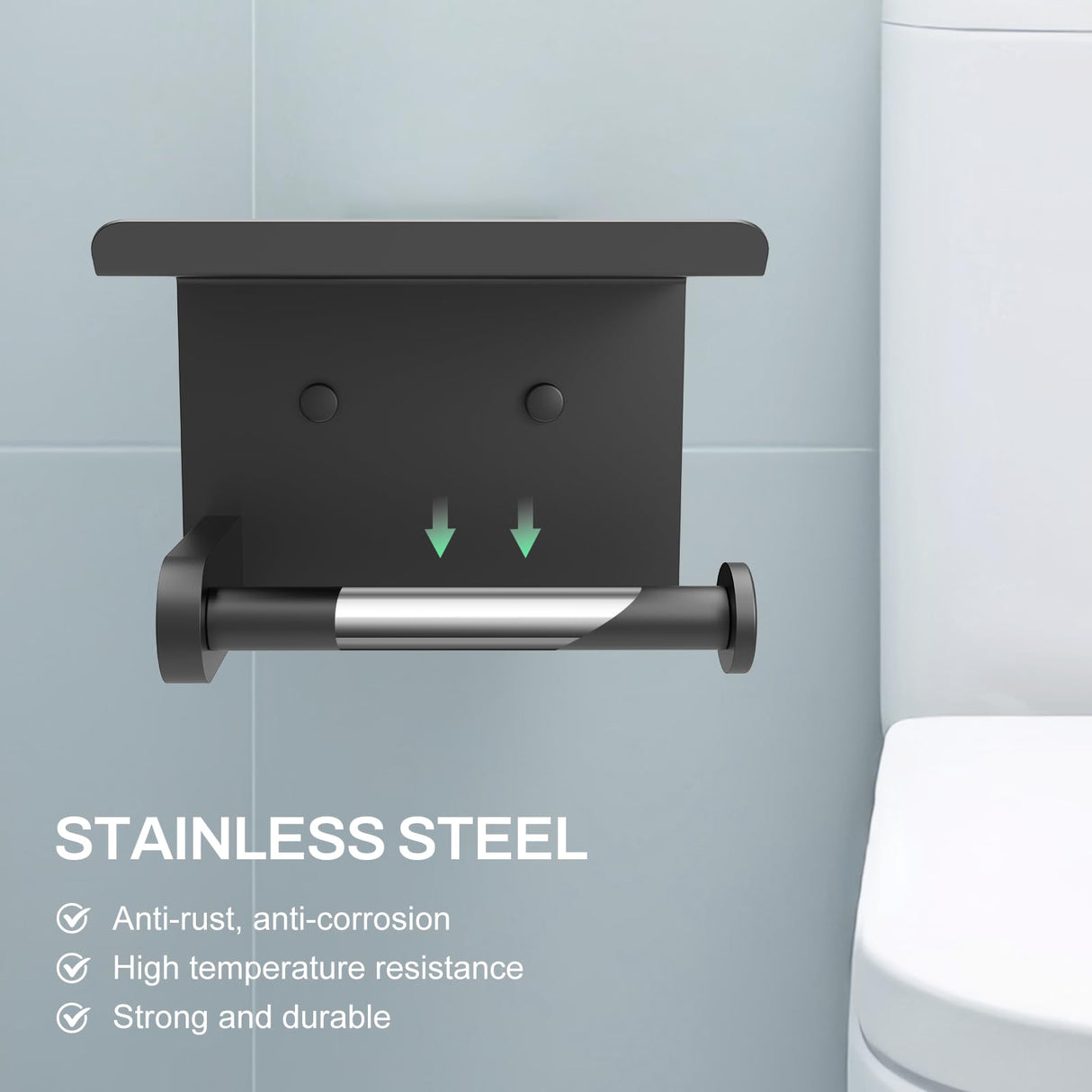 SetSail Toilet Paper Holder with Shelf Adhesive or Screw-in Bathroom Toilet Paper Roll Holders Wall Mount Matte Black Tissue Holder for Bathroom Hardware Accessories, 2 Packs