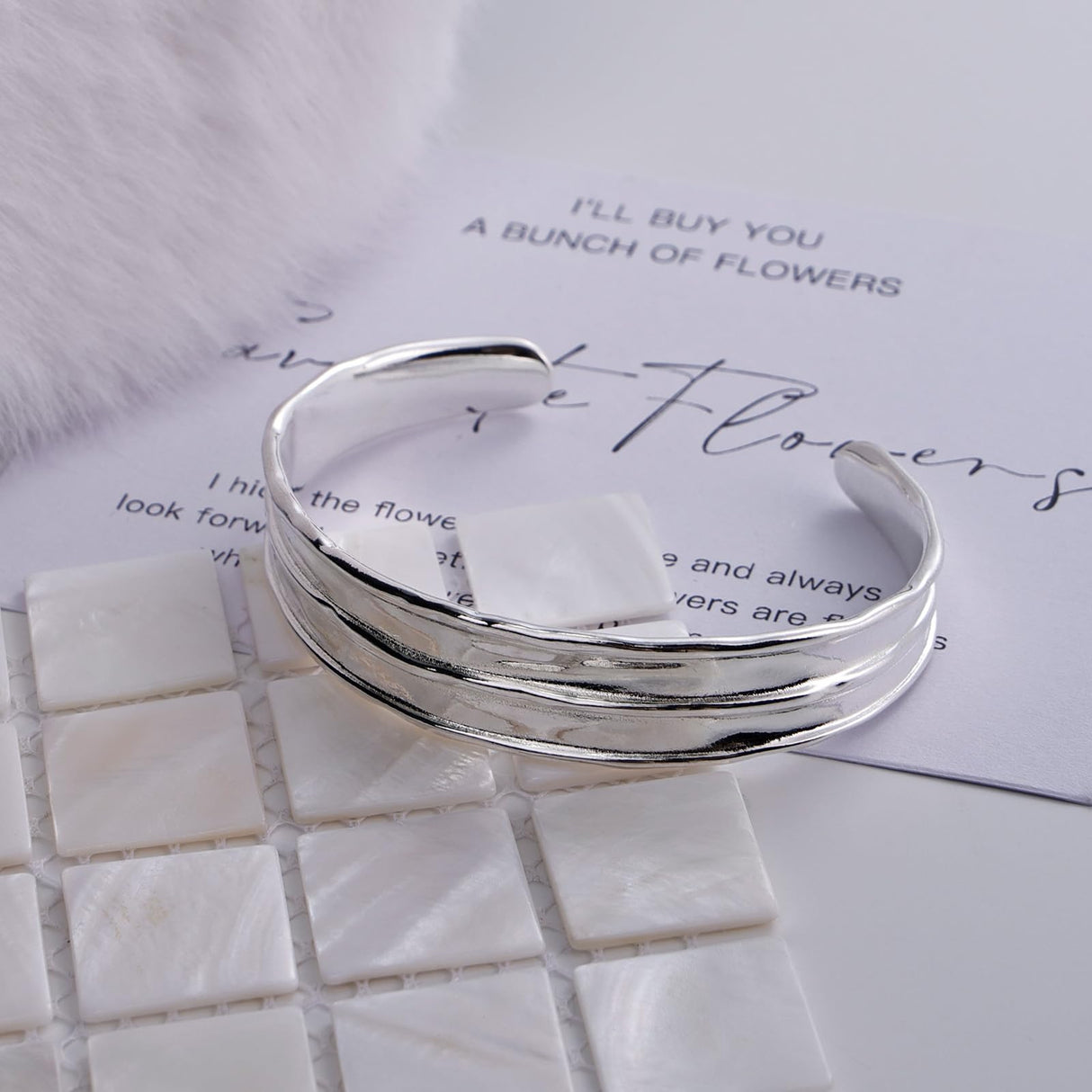 Desnuage Irregular Hammered Wave Texture Cuff Bracelet for Women - Sterling Silver Open Bangle Hypoallergenic Jewelry
