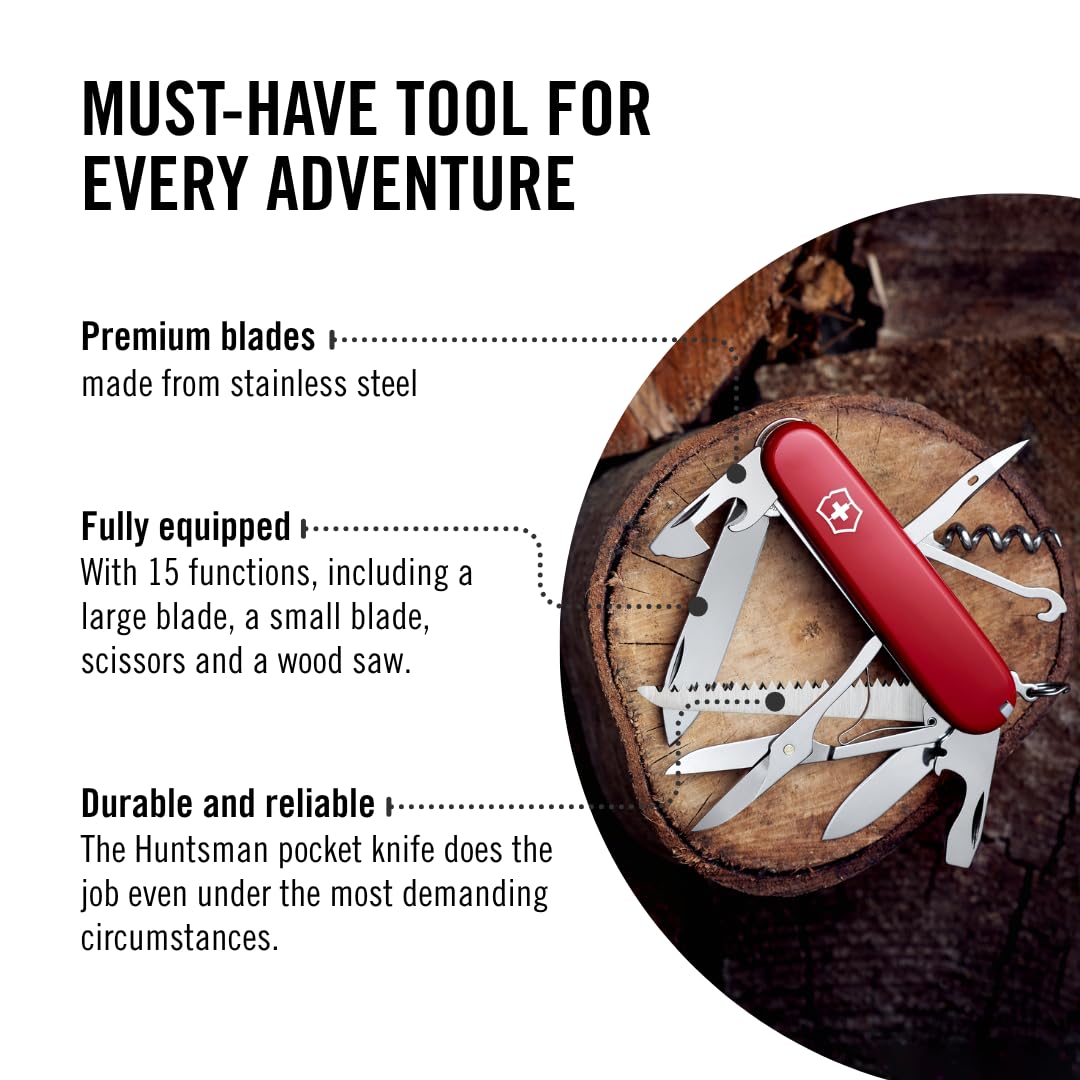 Victorinox Huntsman Swiss Army Knife, 15 Functions, Swiss Made Pocket Knife with Large Blade, Screwdriver, Scissors and Wood Saw - Red