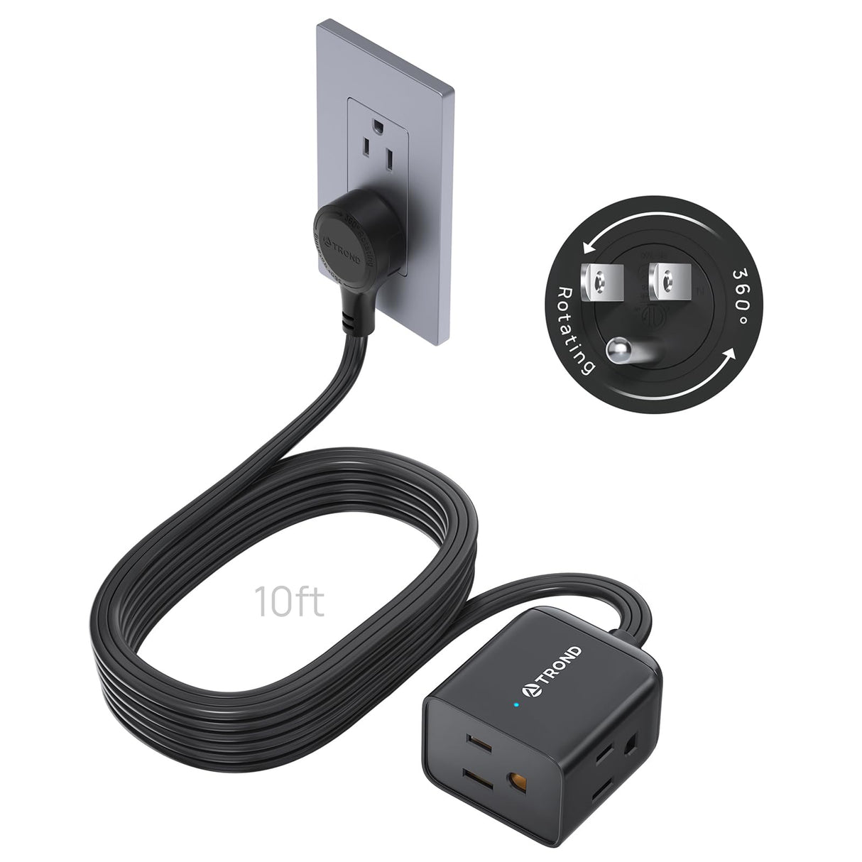 TROND 360° Rotating Flat Plug Extension Cord 10ft, Low Profile Small Power Strip, 3 Side Grounded Outlet, 13A, SPT 16/3 Gauge Cable for Indoor Home Office Kitchen Cruise Travel Essentials, Black
