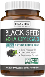 Cold-Pressed Black Seed Oil Capsules - Vegan Non-GMO Nigella Sativa Black Seed Oil Supplement with Omega 3 DHA for Full Body Wellness & Brain Support - Vegan Omega 3 & Thymoquinone-Rich (1 Month)