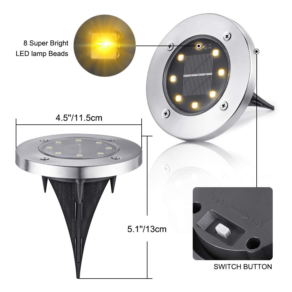 LYHOPE Solar Ground Light Outdoor, 16 Pack 8 LED Solar Disk Lights Waterproof Garden In-ground Pathway Lights Landscape Lighting for Lawn,Yard,Deck,Patio,Walkway (Warm White)