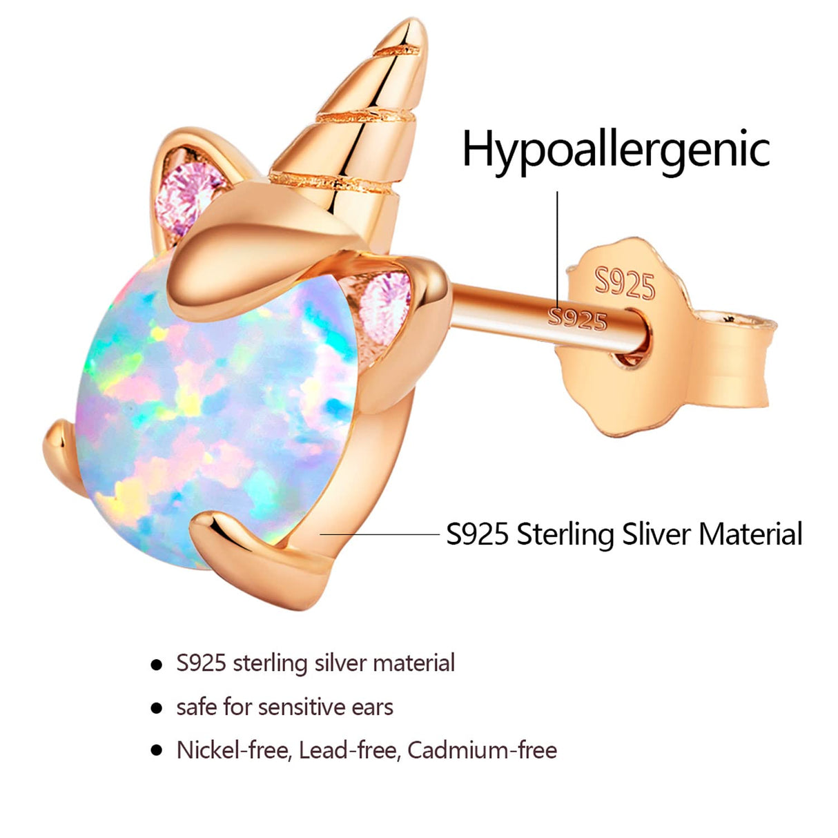 Rose Gold Plated Unicorn Earrings, 14K Hypoallergenic Earrings for Kids ARSKRO S925 Sterling Silver Post Cute Tiny Small Fire Opal Stud Jewelry Gifts for Little Teen Girl Sensitive Ears