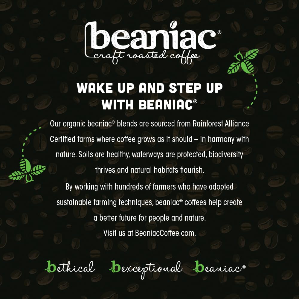 beaniac Organic Full On French Roast, Dark Roast, Single Serve Compostable K Cup Coffee Pods, Organic Arabica Coffee, Keurig Brewer Compatible, 30 Count