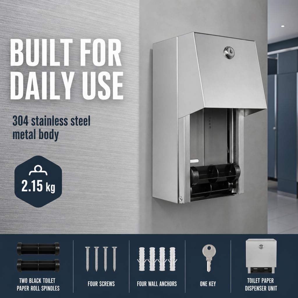 Stylever Commercial Toilet Paper Dispenser - 304 Stainless Steel Double Roll Holder - Heavy Duty Lockable Wall Mount Tissue Dispenser for Restroom - Metal Bathroom Fixtures