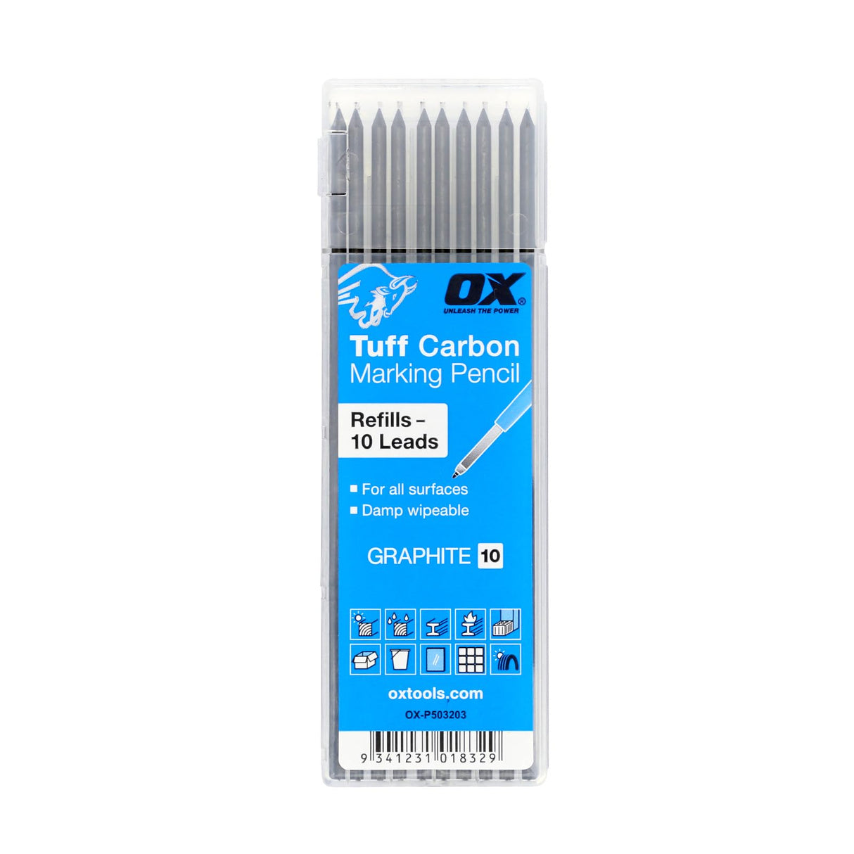 OX Tools 2.88 mm Tuff Carbon Marking Carpenter Pencil Lead Refills – 10 Pack Break Resistant Graphite Replacements for Construction, Woodworking & Deep‑Hole Mechanical Pencils
