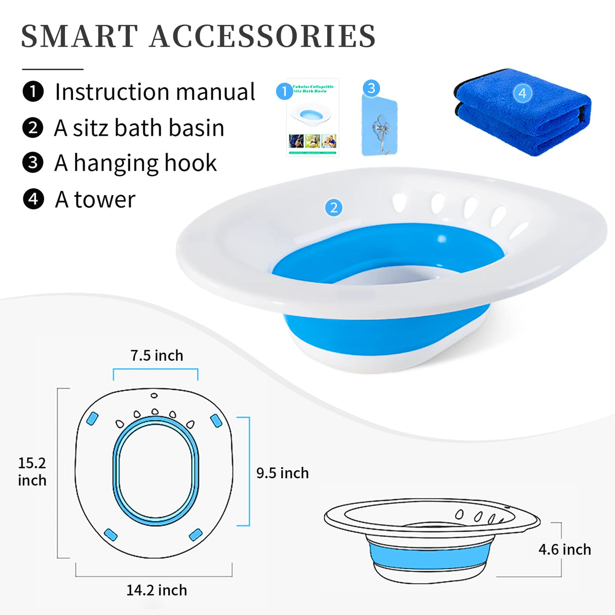 Sitz Bath for Toilet Hemorrhoids Postpartum Care, Perineal Soaking Bath Over The Toilet Seat, Collapsible Sitz Basin with Flusher for Vaginal Anal Inflammation Treatment, Yoni Steam Seat, White/Blue