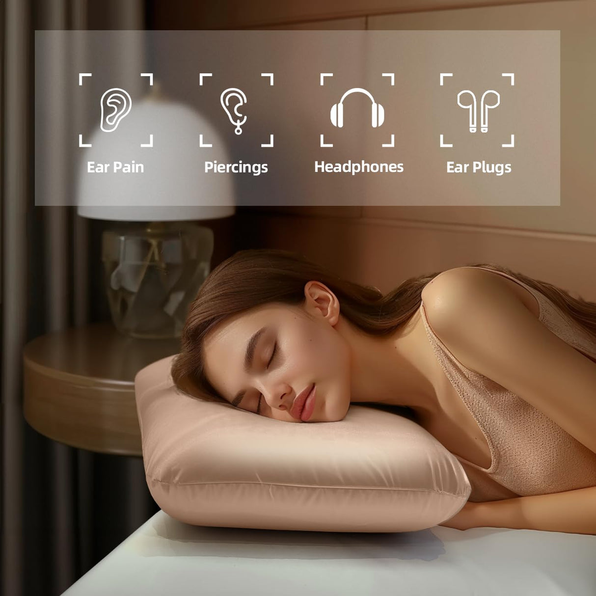 USlixury Piercing Pillow - Ear Piercing Pillow with Foam Plug, 4''H Mini Donut Plilow with 4.7x3.2 Off Center Ear Hole, CertiPUR-US Memory Foam Hole Plilow for Side Sleeper, Satin Cover, Champagne