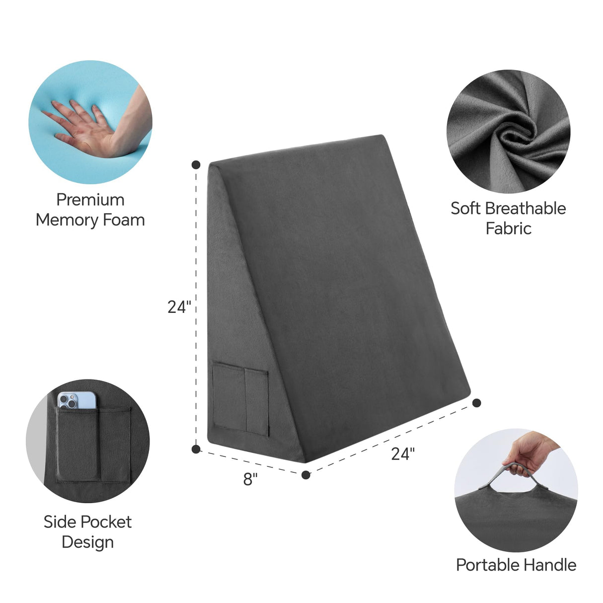 Bedluxe Bed Wedge Pillow for Sleeping, 8 Inch Memory Foam Wedge Pillow Post Surgery, Triangle Pillows Wedge, Elevated Support Pillows for Sleeping, Acid Reflux & Snoring - Removable Washable Cover