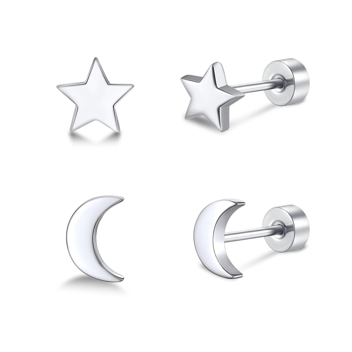 FACOKO 2 Pairs Flat Back Earrings for Women, Silver Star and Moon Earring, Titanium Screwback Studs, Hypoallergenic Silver Cartilage Stud for Sensitive Ears