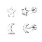 FACOKO 2 Pairs Flat Back Earrings for Women, Silver Star and Moon Earring, Titanium Screwback Studs, Hypoallergenic Silver Cartilage Stud for Sensitive Ears