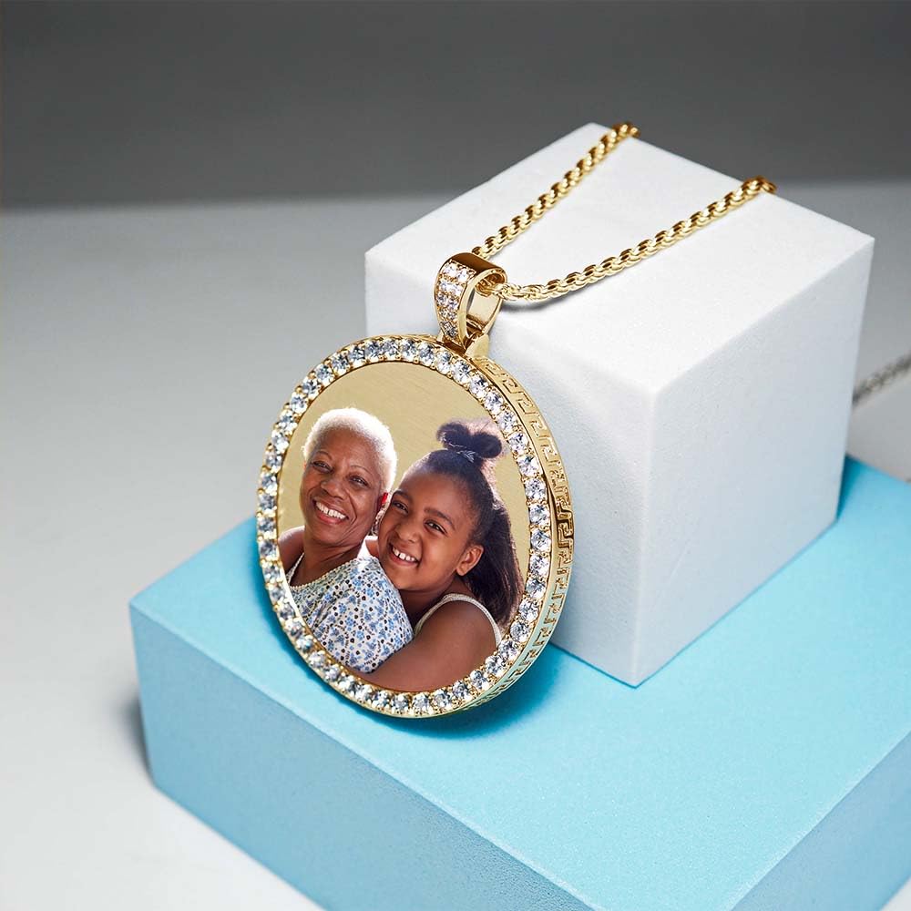 XL Photo Engraved Cubic Zirconia Pendant Necklace (Stainless Steel)