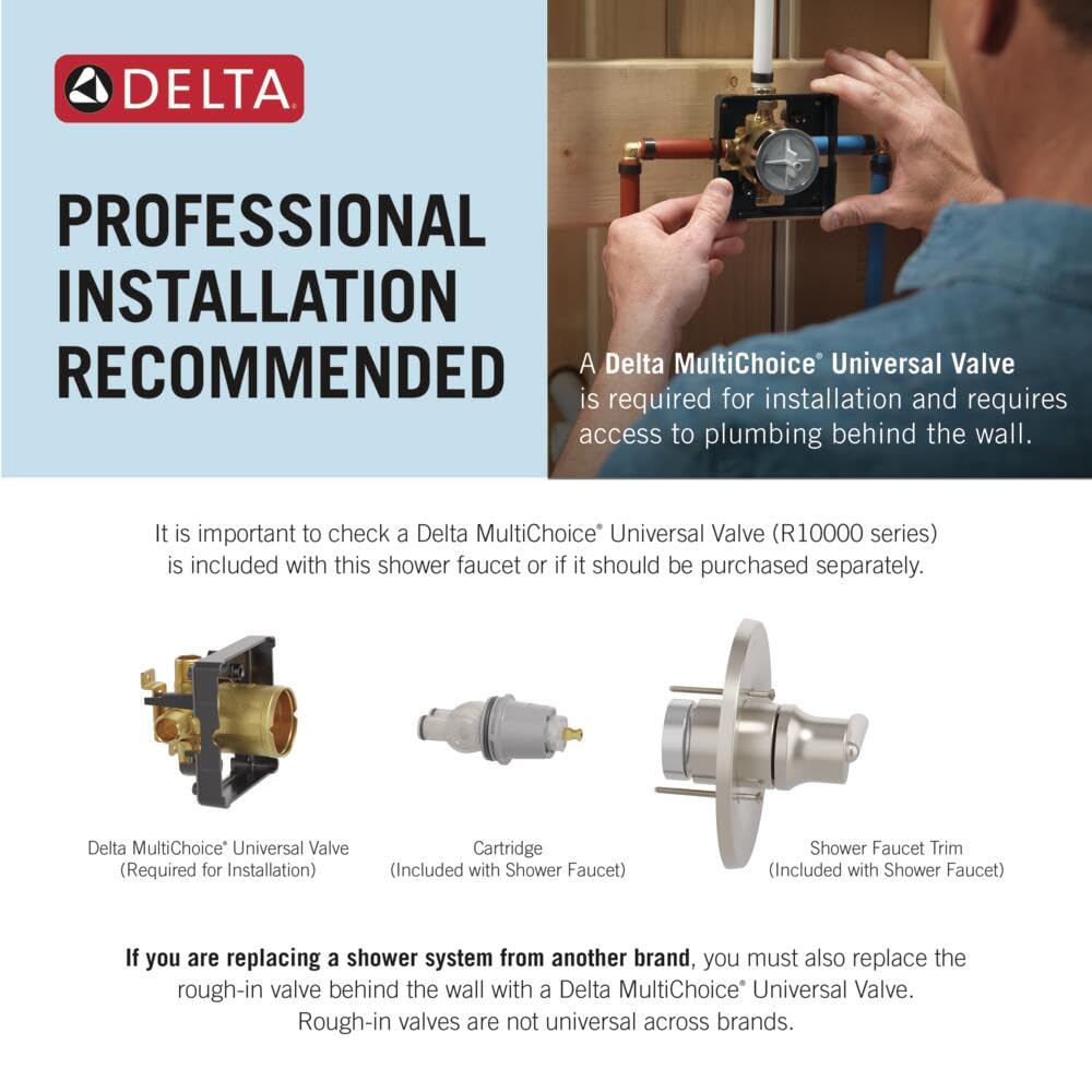 Delta Arvo 14 Series Brushed Nickel Shower Faucet Set with In2ition 2-in-1 Dual Shower Head with HandHeld Spray Combo, Valve Trim Kit, SpotShield Stainless 142840-SP-I (Valve Included)