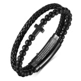 VNOX Mens Bracelet for Men - Double-Row Black Braided Leather Bracelets for Men,Stainless Steel Cross Bible Verse Jewelry with Black Onyx Beads Bracelets Religious Gifts for Christian,4
