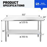 Hally Stainless Steel Table for Prep & Work 30 x 60 Inches, NSF Commercial Heavy Duty Table with Undershelf and Galvanized Legs for Restaurant, Home and Hotel
