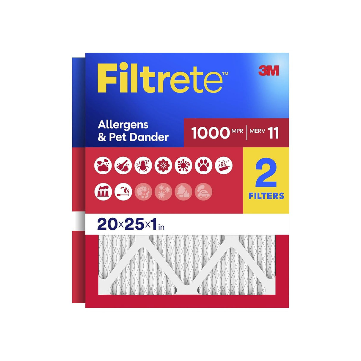 Filtrete 20x25x1 Air Filter, MERV 11, MPR 1000, Allergens & Pet Dander, 3-Month AC and Furnace Filters, Cleaner Air, Reliable Airflow, 2 HVAC Filters (Actual Size 19.68 x 24.68 x 0.81 in)