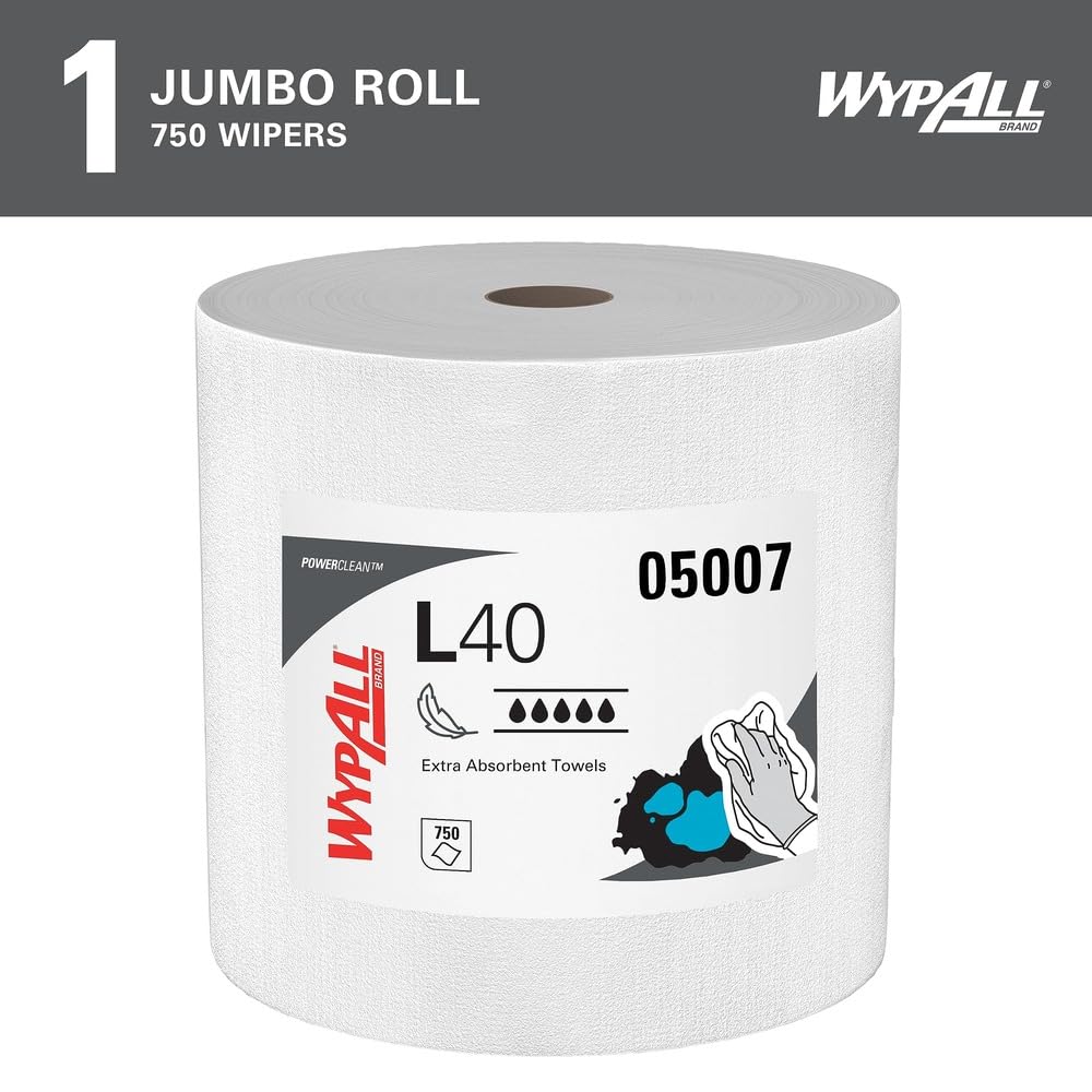 WypAll PowerClean L40 Cloths Extra Absorbent Wipes, Jumbo (05007), Bulk Paper Wipers, White (1 Roll of 750 Sheets)