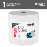 WypAll PowerClean L40 Cloths Extra Absorbent Wipes, Jumbo (05007), Bulk Paper Wipers, White (1 Roll of 750 Sheets)