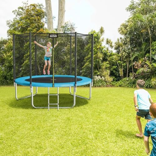 AOTOB 8FT 10FT 12FT 14 FT 15FT Trampoline with Safety Enclosure Net，Outdoor Trampoline with Basketball Hoop, Heavy Duty Jumping Mat and Spring Cover Padding for Kids and Adults, Storage Bag and Ladder