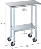 ROCKPOINT Stainless Steel Table for Prep & Work with Caster Wheels 14x30 Inches, NSF Metal Commercial Kitchen Heavy Duty Table with Adjustable Under Shelf and Table Foot for Restaurant, Home and Hotel