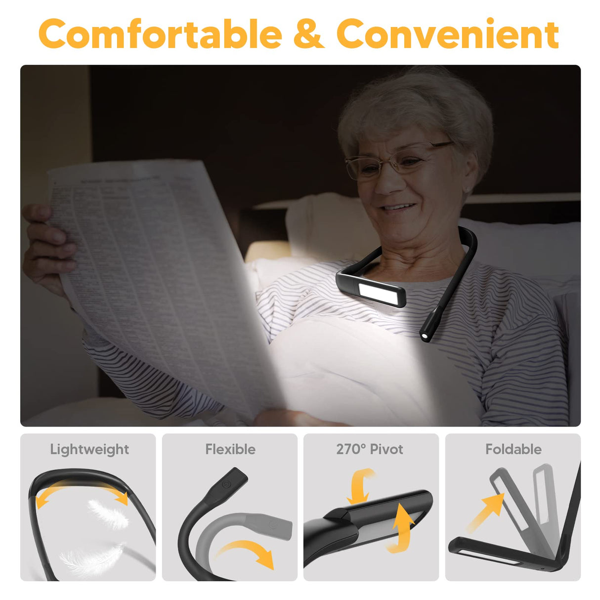 Neck Reading Light Book Lovers Gifts, Rechargeable 2000mAh 10-80Hrs Eye-friendly Wide Lamp Book Light, Birthday Christmas Stocking Stuffers for Men Women Readers, Camping Knitting Crochet Accessories