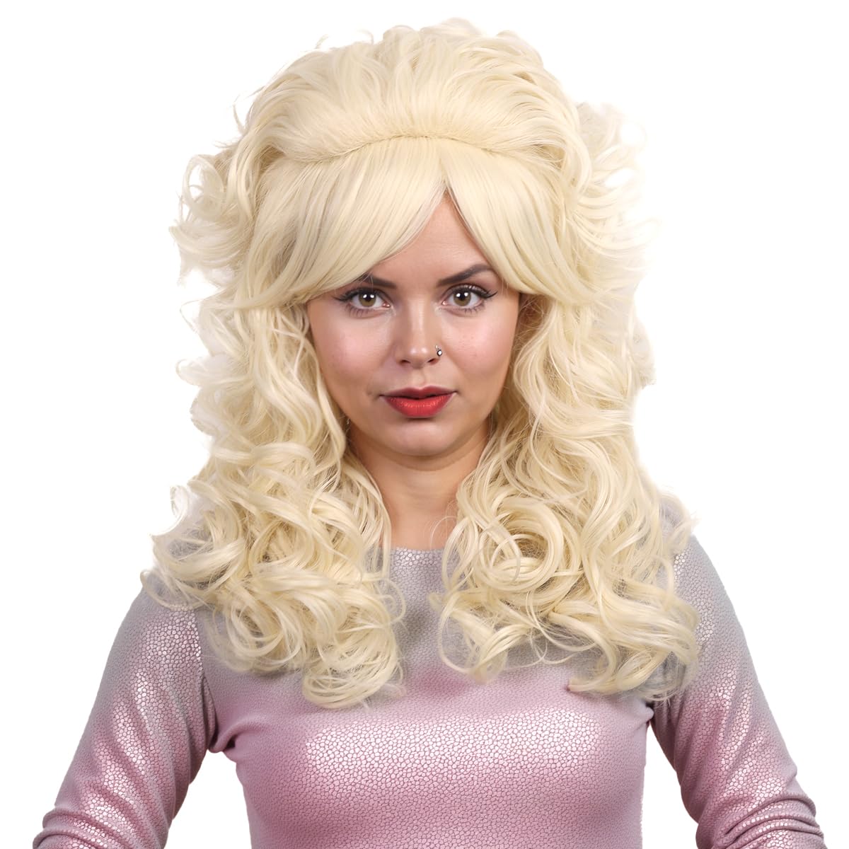 FantaLook Blonde Long Curly Wig with Bangs, Vintage Costume Wig for Women