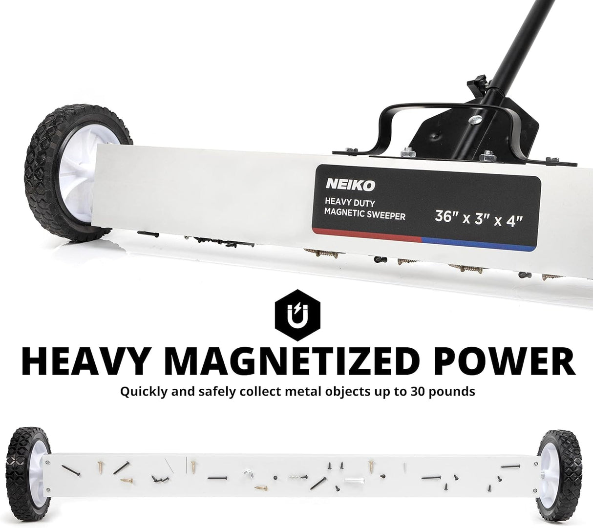 NEIKO 53418A 36-Inch Magnetic Pickup Sweeper with Wheels, Adjustable Handle, and Floor Magnet, Heavy-Duty Magnet to Pick Up Nails, 55-Pound Capacity