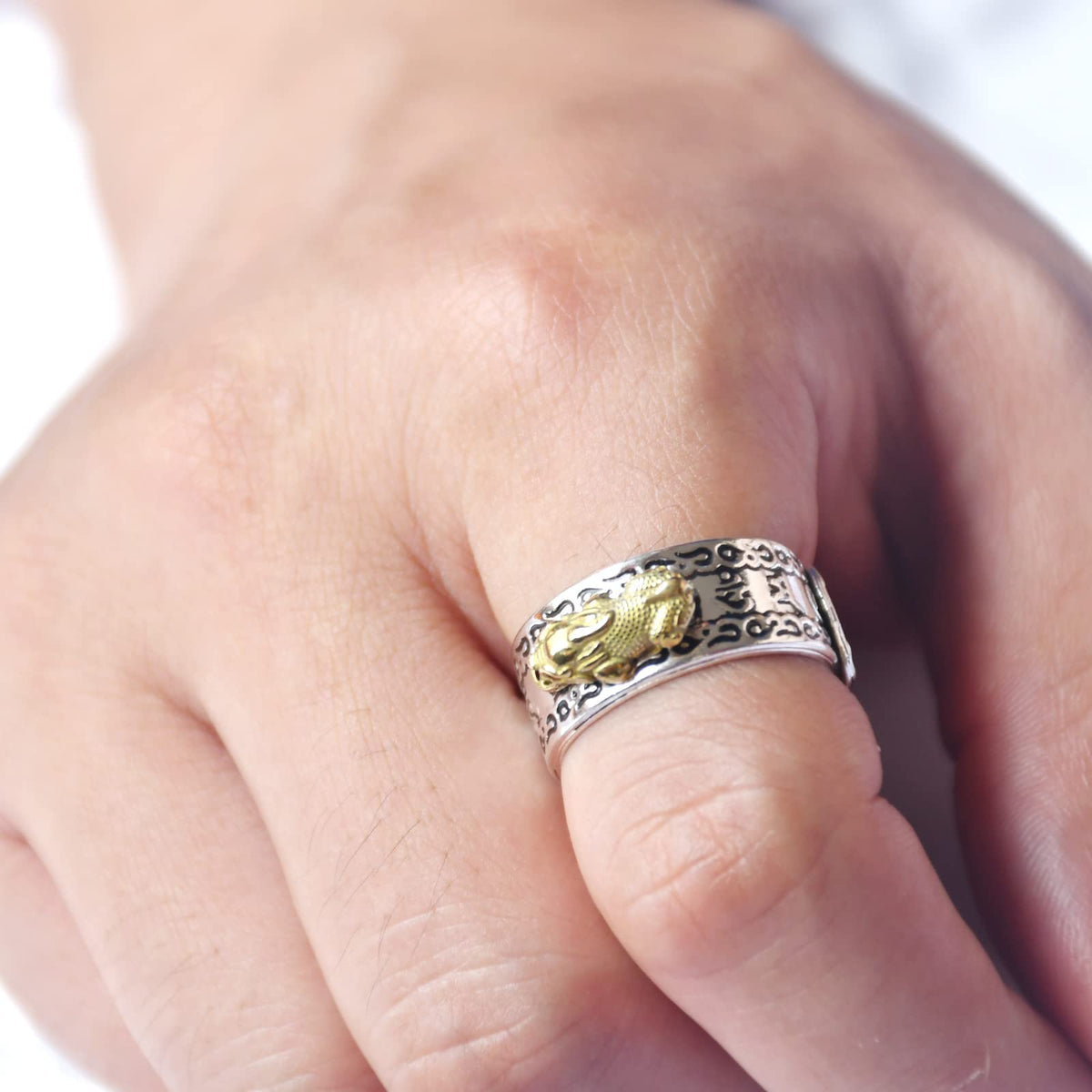 HJ HUAJ 990 Silver Feng Shui PiXiu Adjustable Ring MANI Mantra Protection Wealth Ring