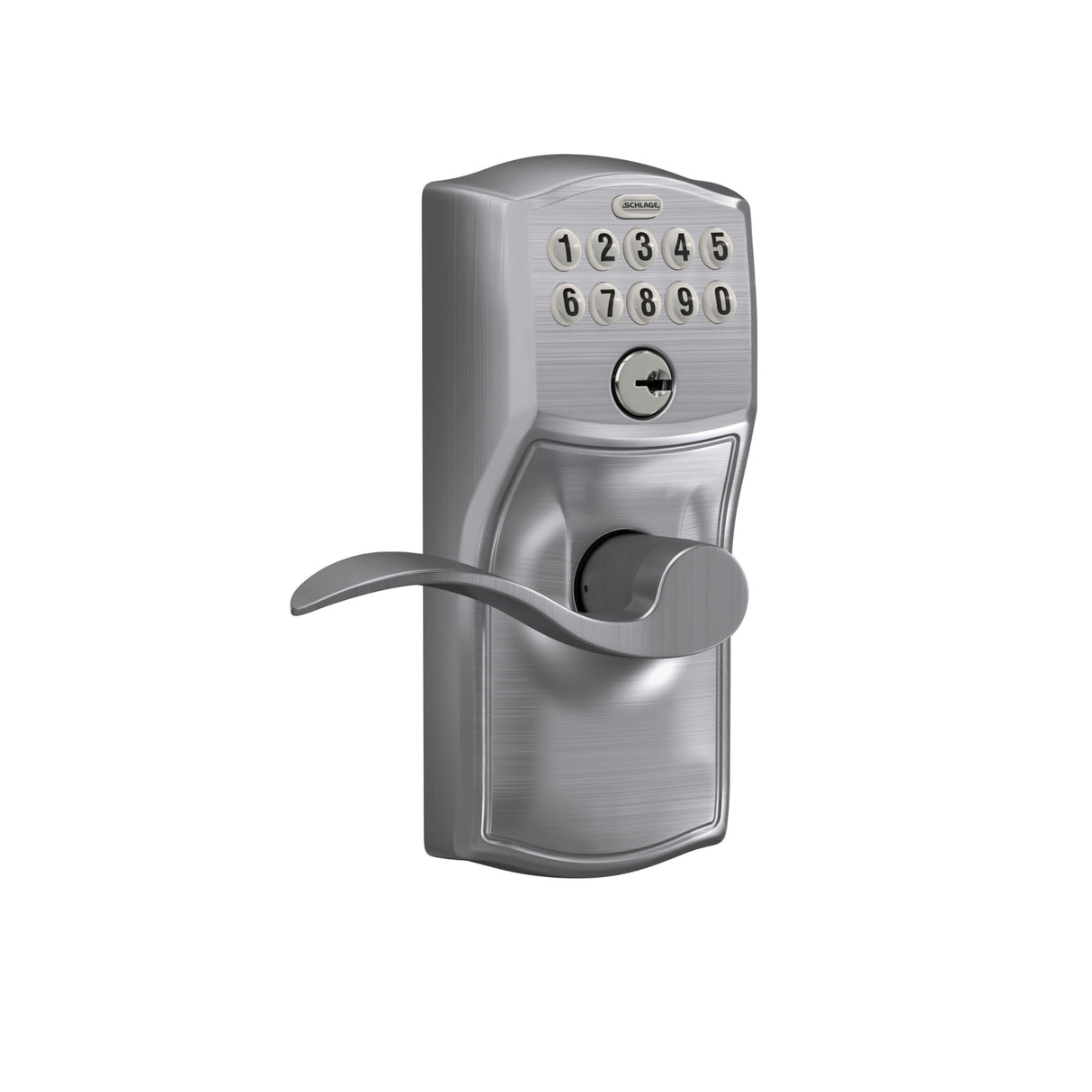 Schlage Camelot Keypad Lock with Lever Handle, Electronic Keyless Door Entry, Flex Lock Auto‑Lock Option, Satin Chrome, FE595 CAM 626 ACC