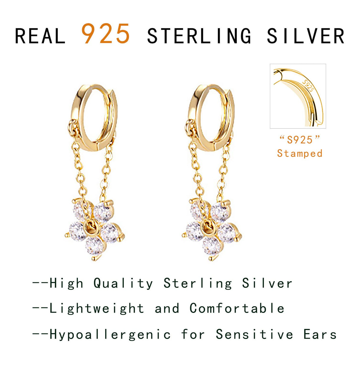 Reffeer 925 Sterling Silver Flower Chain Drop Earrings Hoop for Women Teen Girls Huggie Hoop Dangle Earrings Chain (B-Gold)