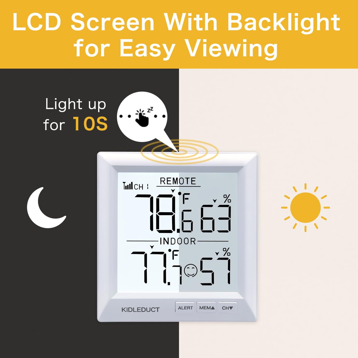 KIDLEDUCT Indoor Outdoor Thermometer Wireless Battery Powered, High Precision Inside Outside Humidity Temperature with Alert, Backlight Weather Thermometers with 1 Sensor, 330ft Wireless, White