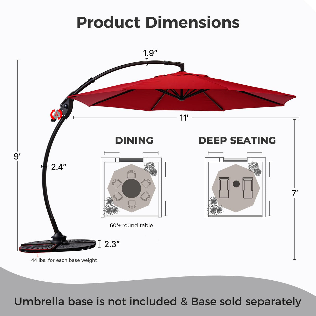 Grand patio Napoli 11 FT Cantilever Offset Umbrella Aluminum Frame with 360° Rotation without Base, Red