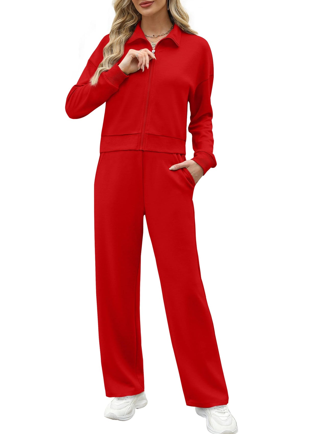 XIEERDUO Christmas Outfits for Women 2025 Red Zipper 2 Piece Womens Loungewear Set Sweatsuit Sweatshirt Tracksuit M