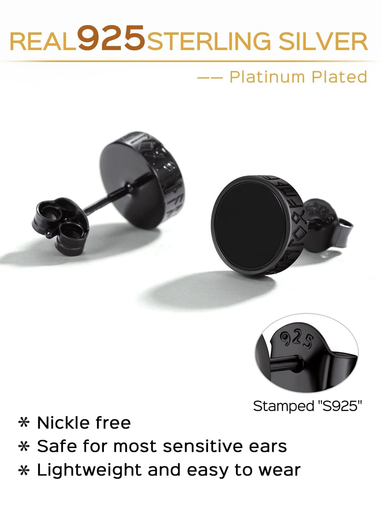 ChicSilver 925 Sterling Silver Earrings for Men, Hypoallergenic 8MM Viking Rune Men's Earring, Natural Black Onyx Mens Stud, Fathers Day Christmas Jewelry