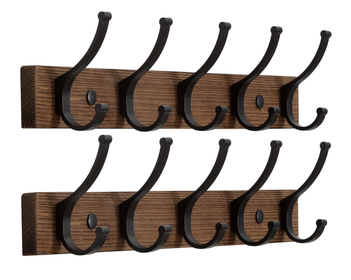 Optish Coat Rack Wall Mount, 16.5 Inches Wood Coat Hooks Wall Mount, Wall Coat Rack with 5 Hooks, Hat Rack Wall Hooks for Hanging Coat, Bag, Towel (2Pack, Brown)