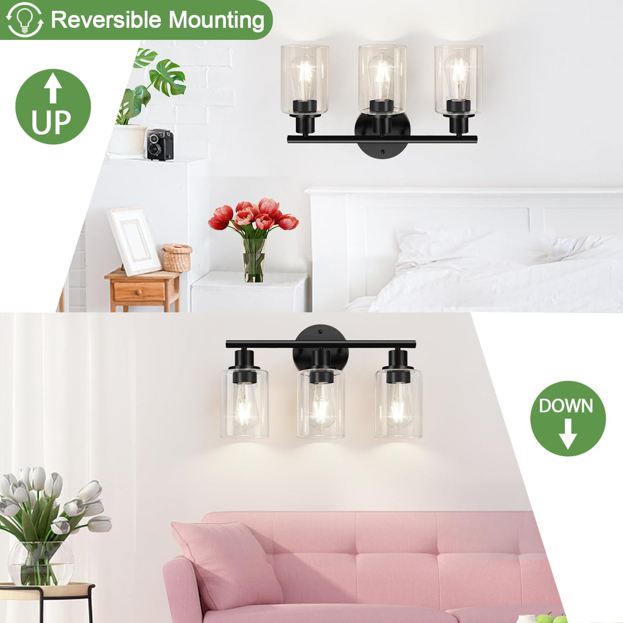 Zarbitta 3-Light Bathroom Light Fixtures, 17.23" Black Modern Vanity Lights with Clear Glass Shade, Bathroom Wall Lamp for Mirror Kitchen Living Room Hallway Cabinet Porch