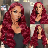 22inch 99j Burgundy Lace Front Wigs Human Hair Pre Plucked 180% Density 13x6 Body Wave HD Transparent Lace Frontal Glueless Wigs Human Hair Red Wigs For Black Women Natural Hairline with Baby Hair
