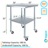 AmGood 30 in. x 30 in. Stainless Steel Work Table with Wheels | Metal Kitchen Food Prep Table | NSF