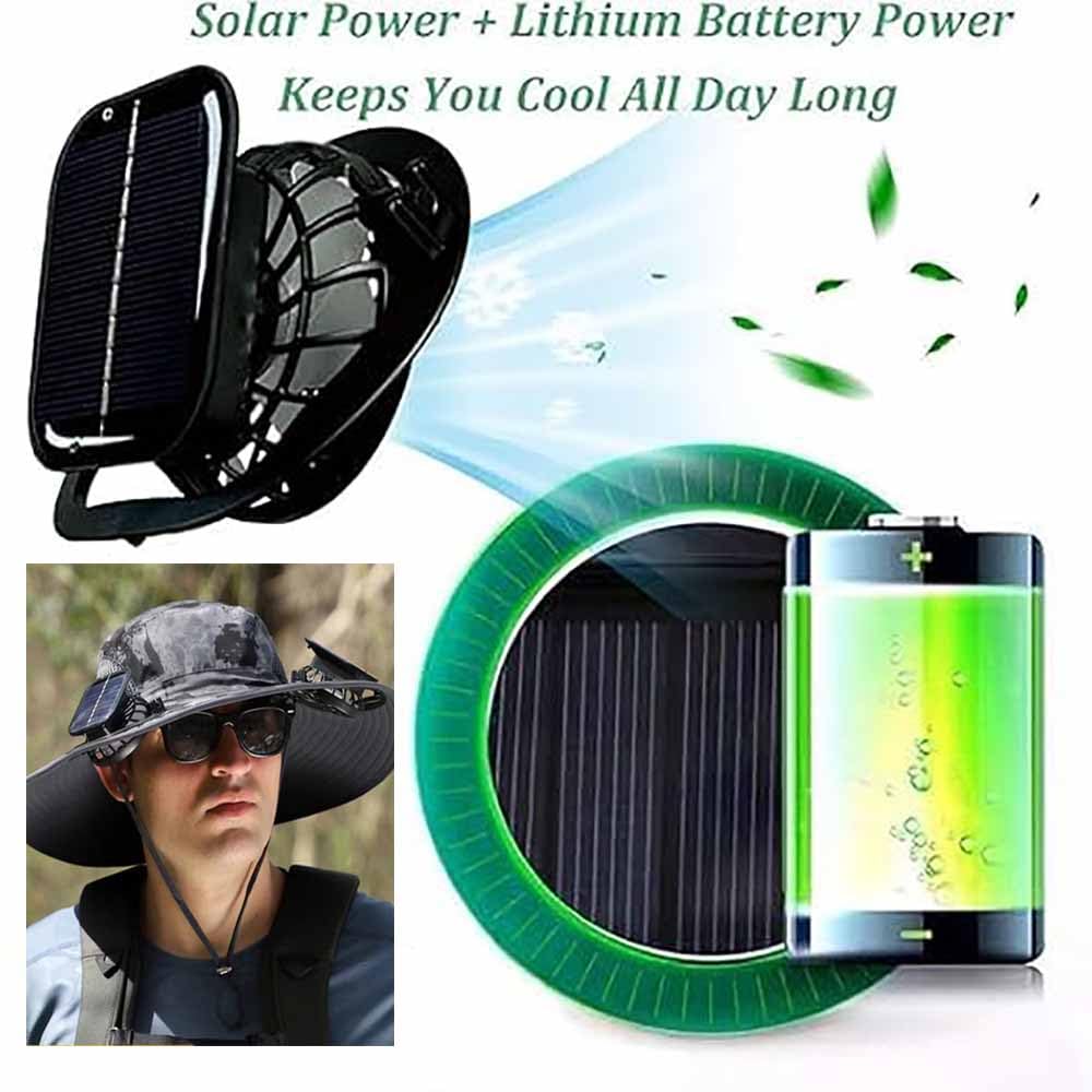 Solar Fan Hat, Wide-Brimmed Sun Hat with 2 Fans, Solar + USB Powered, Adjustable Angle, for Men and Women Fishing and Beach (US, Alpha, One Size, Camouflage)