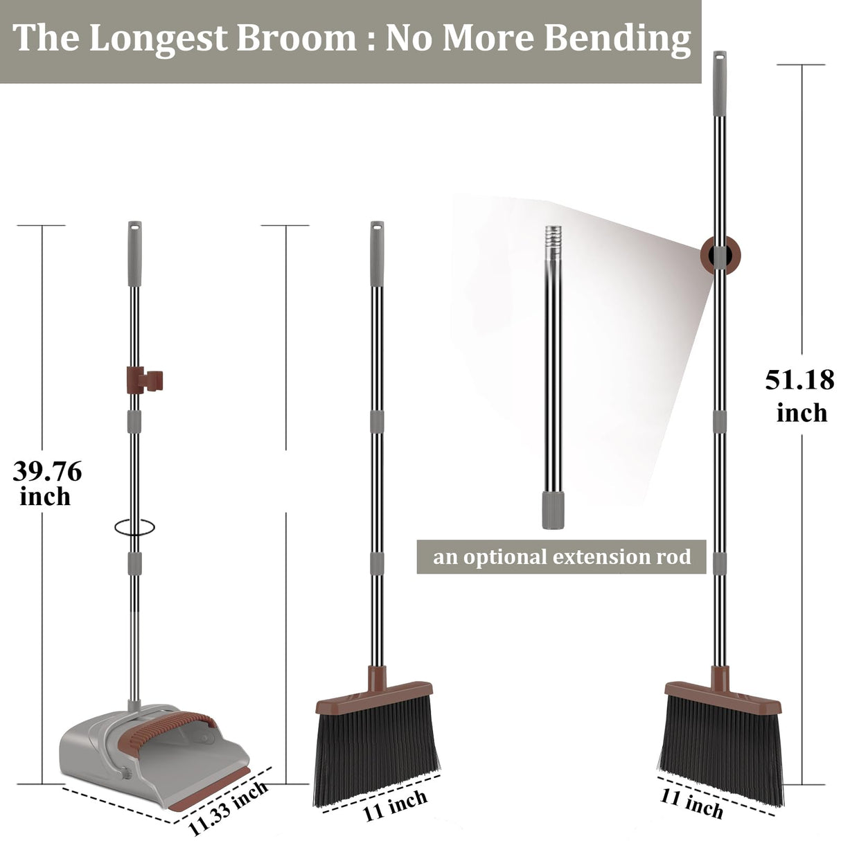kelamayi Upgrade Broom and Dustpan Set, Self-Cleaning with Dustpan Teeth, Ideal for Dog Cat Pets Home Use, Super Long Handle Upright Stand Up Broom and Dustpan Set (Brown)