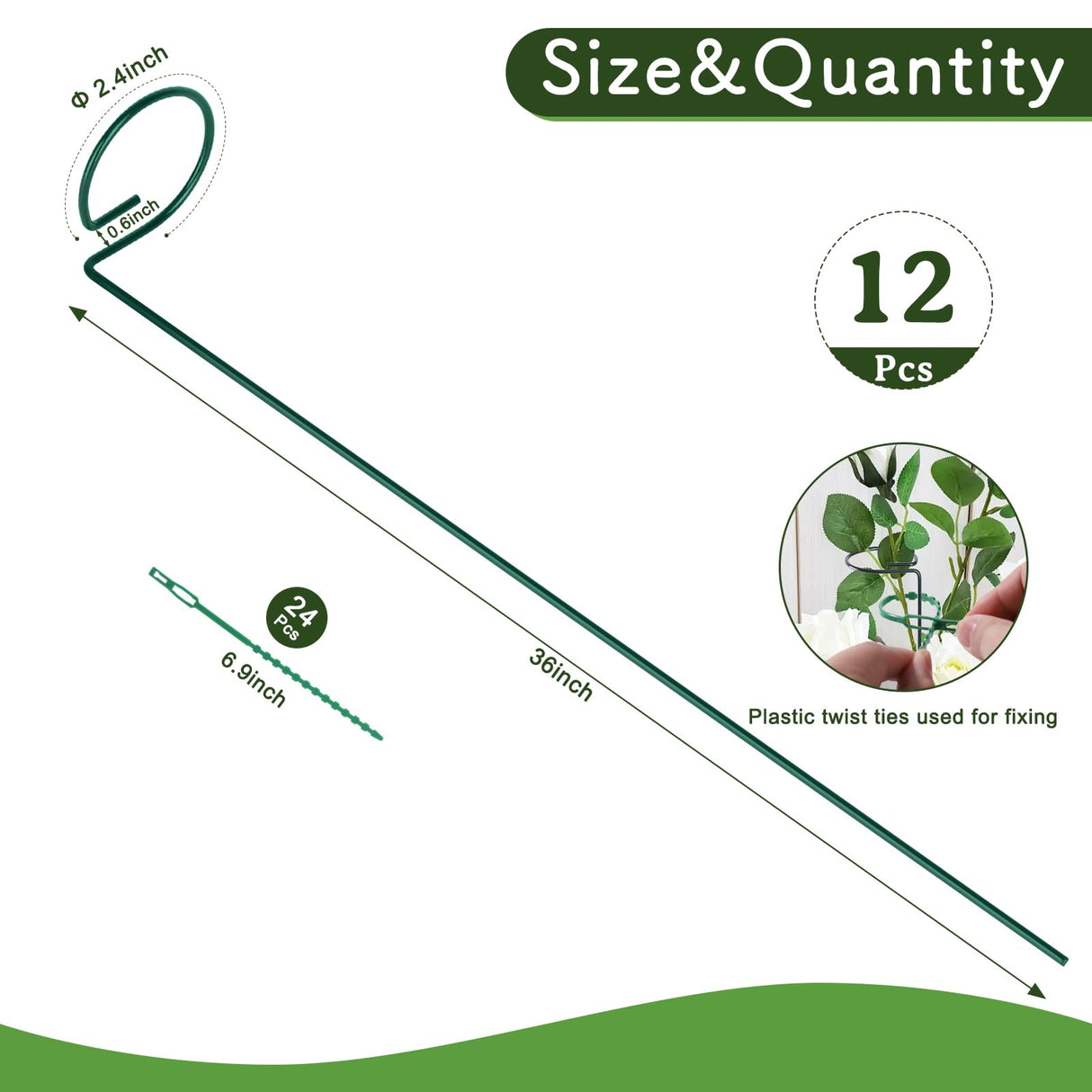 FEED GARDEN 36 Inch 12 Pack Plant Support Stakes, Metal Garden Flower Stakes and Supports for Outdoor Plants, Plant Stem Support with 24 Twist Ties for Amaryllis Lily Rose Peony Tomatoes Gladiolus
