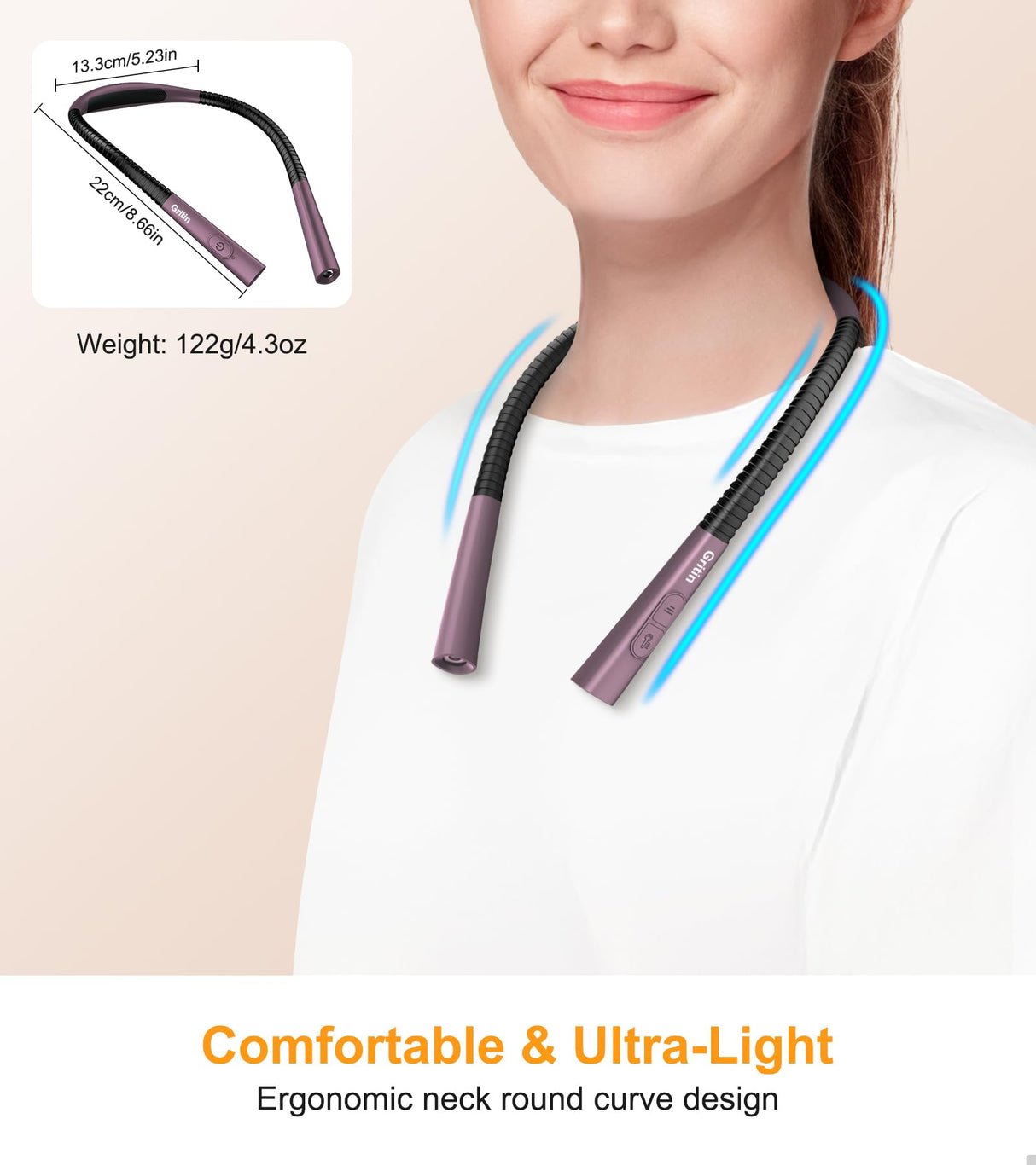 Gritin Book Light, Eye Caring 4-Color & 5-Brightness Neck Light Reading Light- Stepless Dimming,30-min Timer,80+ Hrs Runtime,Bendable Round Neck Design, Lightweight for Reading-Midnight Purple